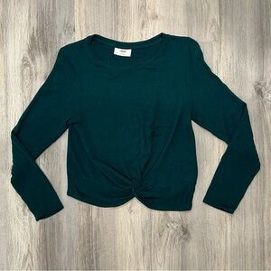 Ivoire Dark Green Long Sleeve Cropped T Shirt Front Twist Top Rayon Size L